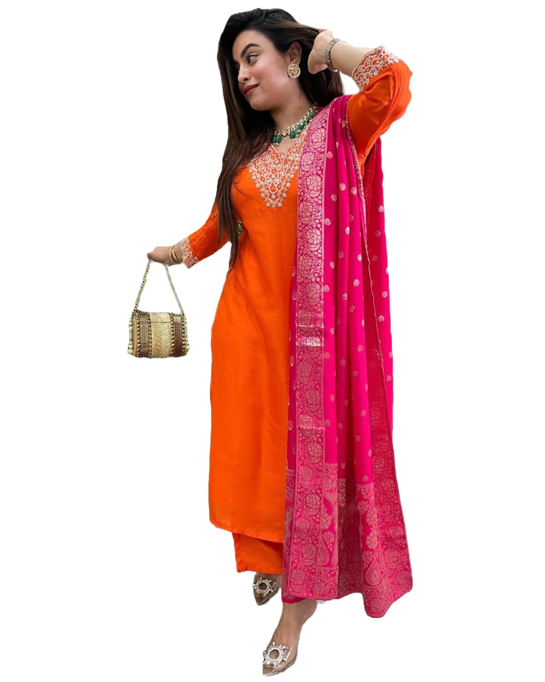 Anni Designer Women'S Rayon Viscose Embroidered Straight Kurta With Pant & Dupatta (Kalsubai Orange_Xxl_Orange_Xx-Large),Orange,2XL,,,