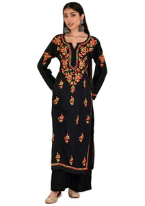 Anni Designer Women'S Cotton Blend Embroidered Straight Kurta (Judge Black_S_Black_Small),Black,S