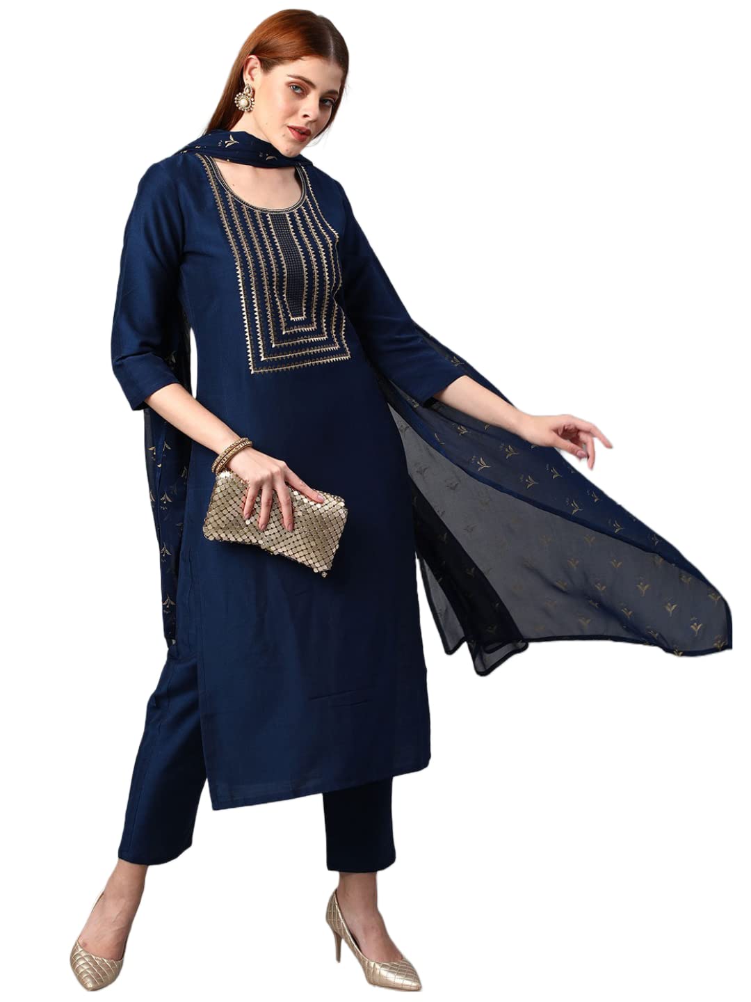 Anni Designer Women'S Cotton Blend Solid Straight Kurta With Pants & Dupatta (Indira-Cerosin_Xl_Dark Blue_X-Large),Dark Blue,XL
