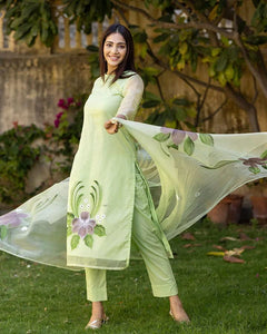 Anni Designer Women'S Chanderi Cotton Straight Printed Kurta With Pant & Dupatta (Idika Green_S_Green_Small),Green,S,Cotton,Regular,