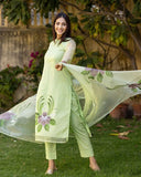 Anni Designer Women'S Chanderi Cotton Straight Printed Kurta With Pant & Dupatta (Idika Green_S_Green_Small),Green,S,Cotton,Regular,