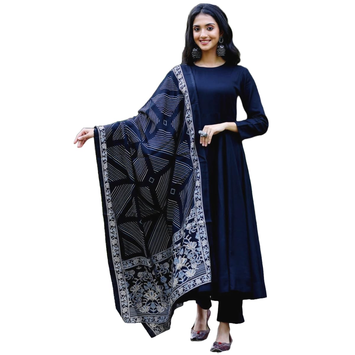 Anni Designer Women'S Rayon Blend Solid Anarkali Kurta With Pant & Dupatta (Friday Blue_L_Blue_Large),Blue,L