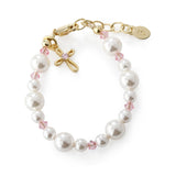 Cherished Moments Little Girls 14K Gold-Plated Pink Baptism Baby Bracelet with Cross and Simulated Pearls Christening Gift for C