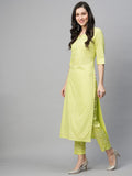 Anni Designer Women'S Cotton Blend Printed Straight Kurta With Pant (Cry-Parrot_Xl_Light Green_X-Large),Light Green,XL,Cotton Blend,Regular,Pants