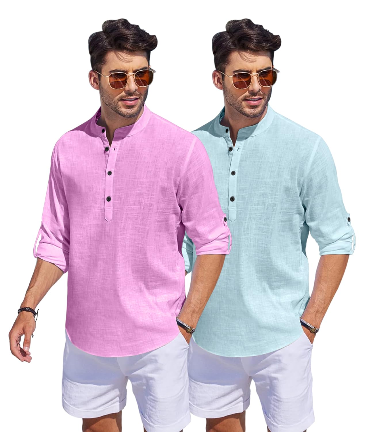 Bellstone Men'S Cotton Blend Solid Regular Dress Shirt (Kurta1500_Combo_L Pink & Aqua_M_Light