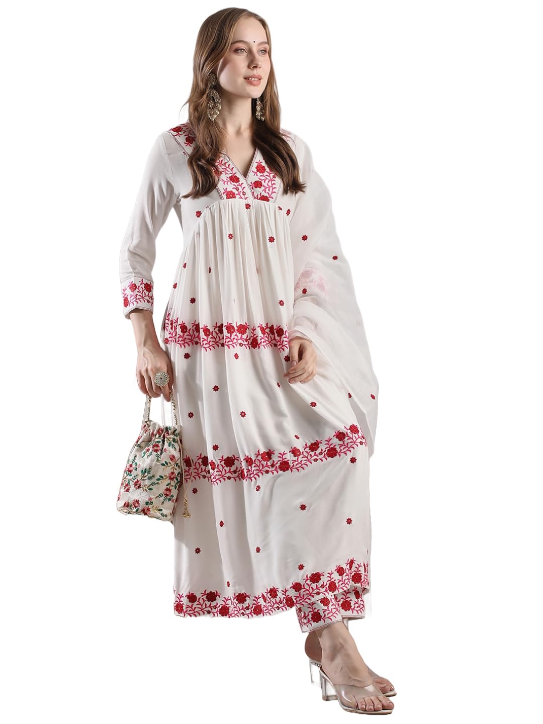 Anni Designer Women'S Rayon Blend Anarkali Embroidered Kurta With Pant & Dupatta (Raashi Cream-Vks02_L_Cream_Large),Cream,L,,,