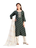 Aarika Girls Ethnic Wear Green Colour Foil Print Embroidery Silk Kurti, Green, 12-13 Years