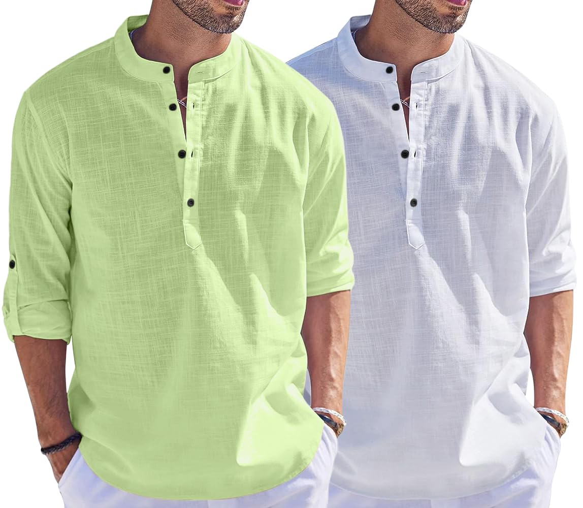 Bellstone Men'S Cotton Blend Solid Regular Dress Shirt (Kurta1500_Combo_L Green & White_Xl_Light