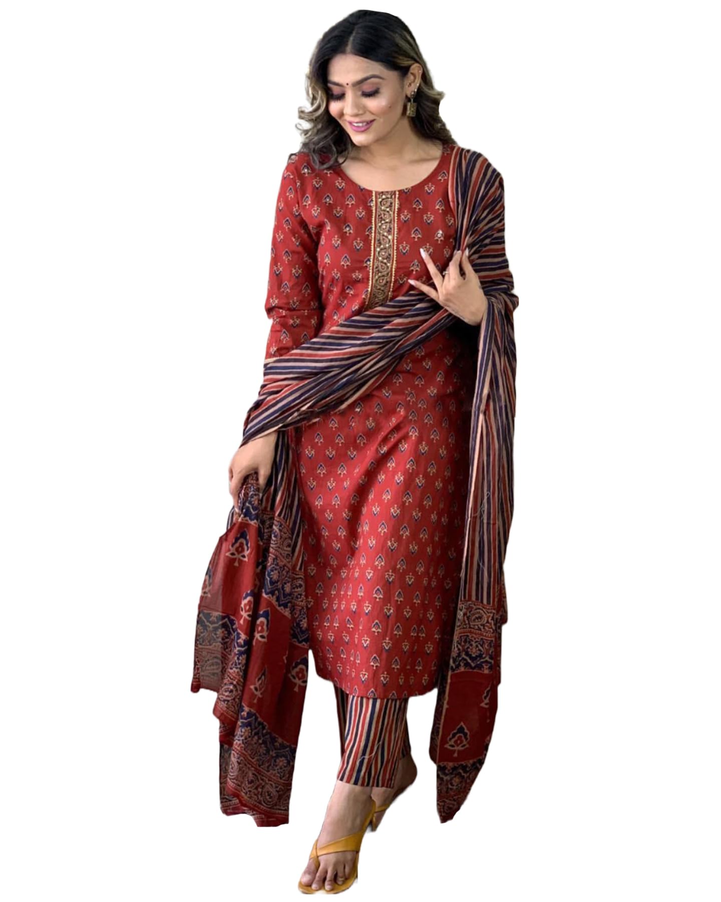 Anni Designer Women'S Cotton Blend Straight Printed Kurta With Pant & Dupatta (Sahdev-Red_S_Red_Small),Red,S