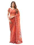 Womanista Womens Embroidered Net Saree with Faux Diamonds (TI3142_Rust)