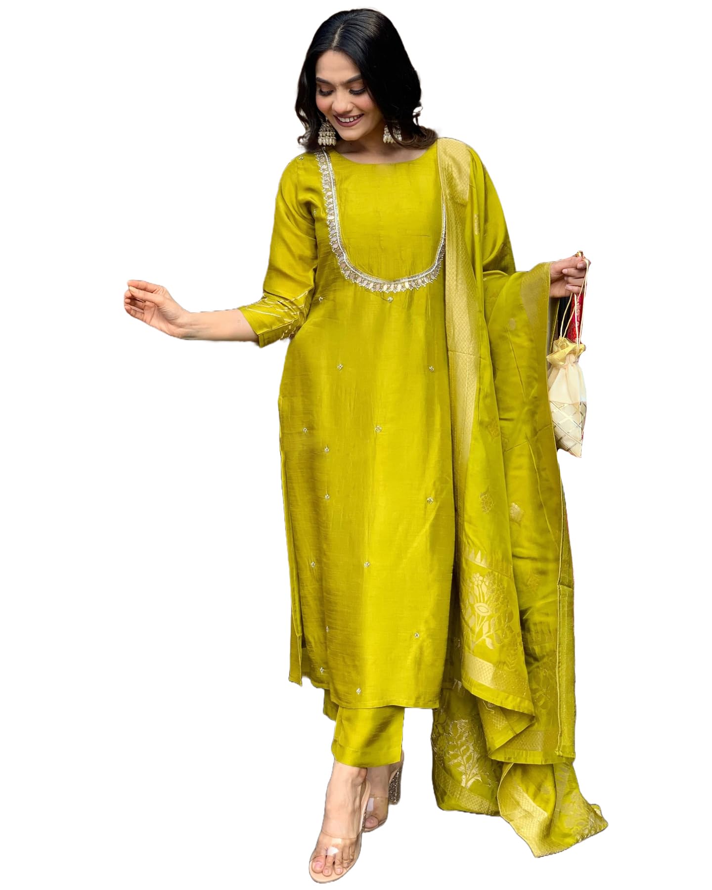 Anni Designer Women'S Silk Blend Straight Embroidered Kurta With Pant & Dupatta (Deluxe Green-Vks01_L_Green_Large),Green,L