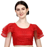 Pujia Mills Women's Shipali Net Work Ruffle Sleeves Readymade Saree Blouse (Shipli Jhadu Red_Red_38 Size + Margin)