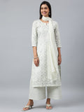 Anni Designer Women'S Cotton Blend Straight Printed Kurta With Palazzo & Dupatta (Suchi Grey_S_Grey_Small),Grey,S,,,