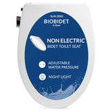 Bio Bidet Slim Zero Non Electric Bidet Toilet Seat Elongated, Low Profile Seat with Slow Close Lid, Battery Powered Night Light,