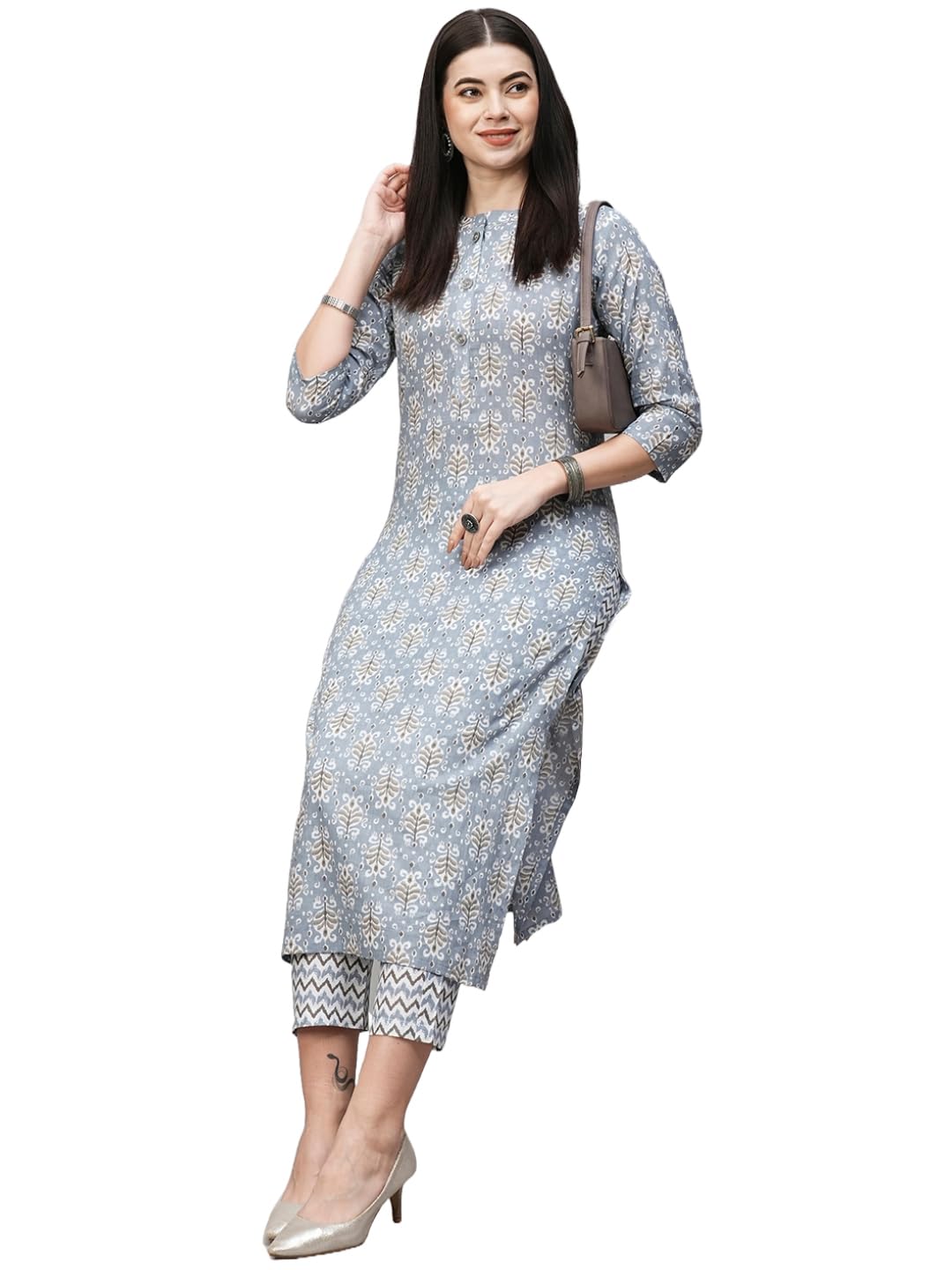 Anni Designer Women'S Cotton Blend Straight Printed Kurta With Pant (Babita Grey_S_Grey_Small),Grey,S