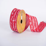 Vickerman 2.5 x 10 Yard Red Woven with White Printed Holiday Greetings Wired Edge Ribbon