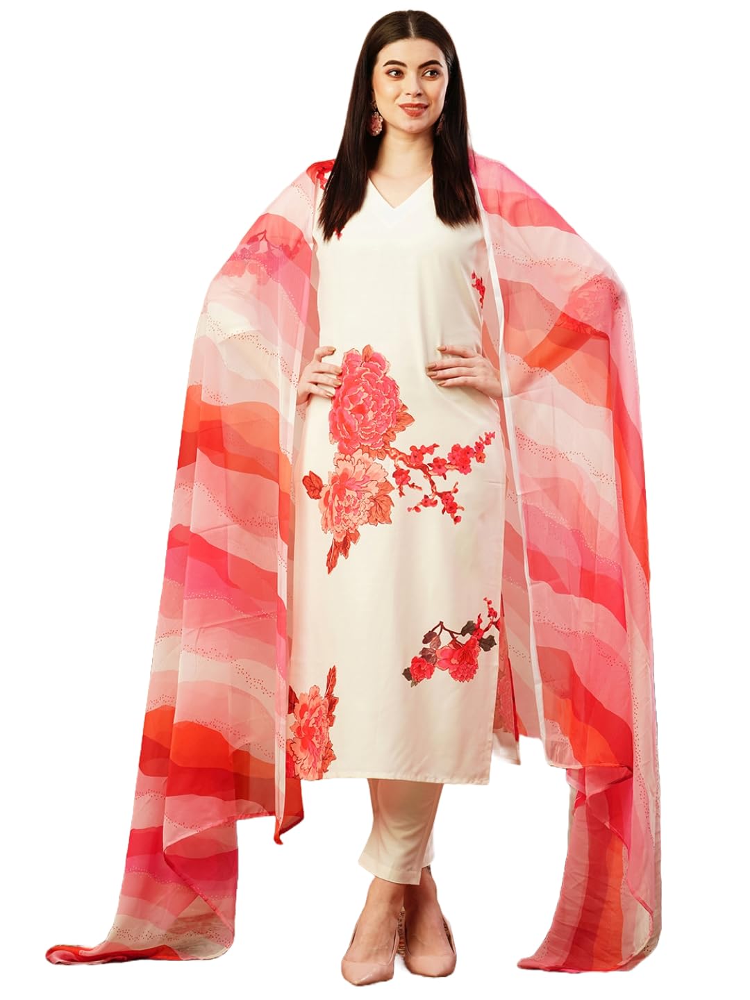 Anni Designer Women'S Cotton Blend Straight Printed Kurta With Pant & Dupatta (Tichuki Cream_S_Cream_Small),Cream,S