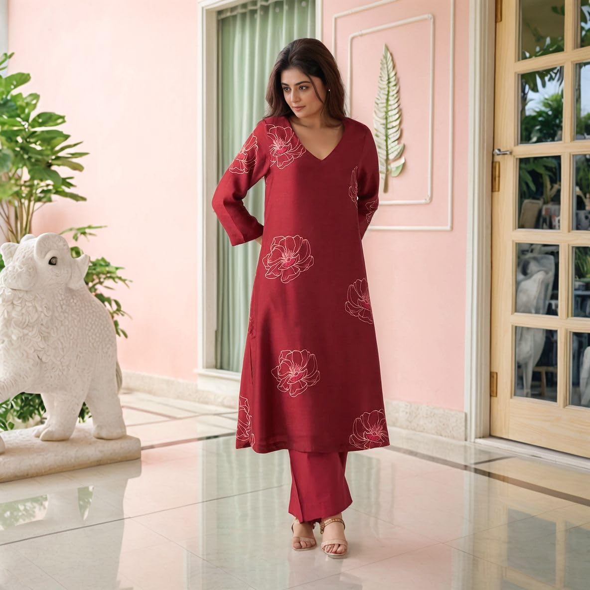 Anni Designer Women'S Rayon Viscose Printed Straight Kurta With Pant (Twisha Red_Xl_Red_X-Large),Red,XL,Rayon,Regular,