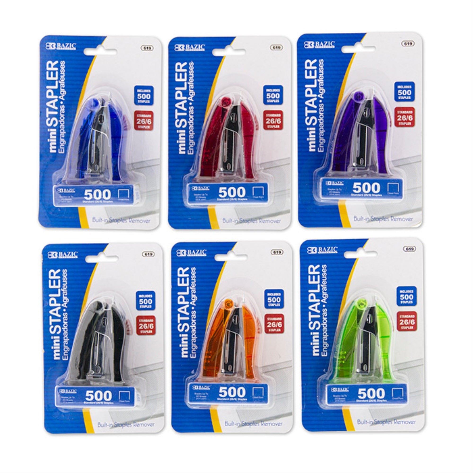 Bazic Mini Stand-Up Standard (26/6) Stapler W/ 500 Ct. Staples / Box Qty - 24
