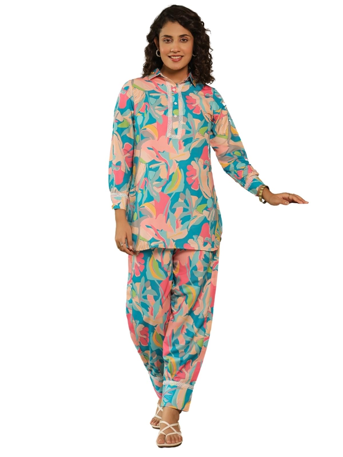 LERIYA FASHION Women's Rayon Printed Regular Kurta Set (LF-W2149&TR1116_Blue_L)