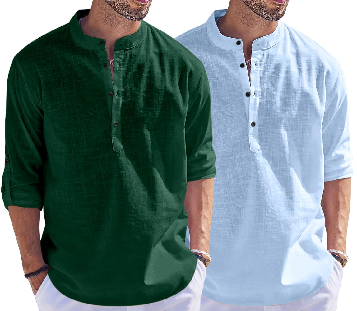 Bellstone Men'S Cotton Blend Solid Regular Dress Shirt (Kurta1500_Combo_D Green & Sky_L_Dark
