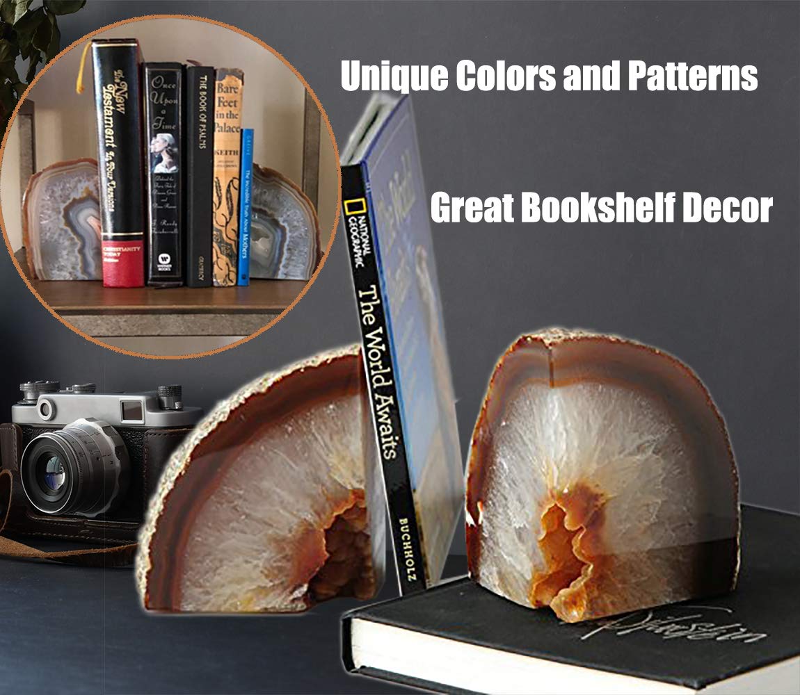 AMOYSTONE Agate Bookends for Shelf Decorative Geode Book Ends for Heavy Books Crystal Bookends for Shelves Nature Brown Small(1