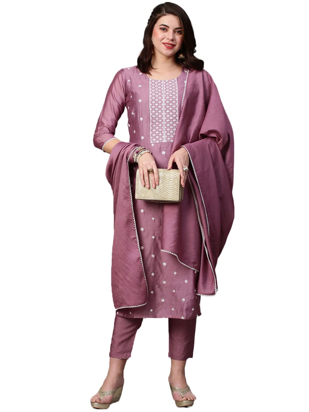 Anni Designer Women'S Cotton Blend Embroidered Straight Kurta With Pant & Dupatta (Hima-Purple_Xxl_Purple_Xx-Large),Purple,2XL