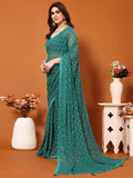 Satrani Womens Georgette Foil Print Saree With Unstitched Blouse Piece(3066S2125N_Green)