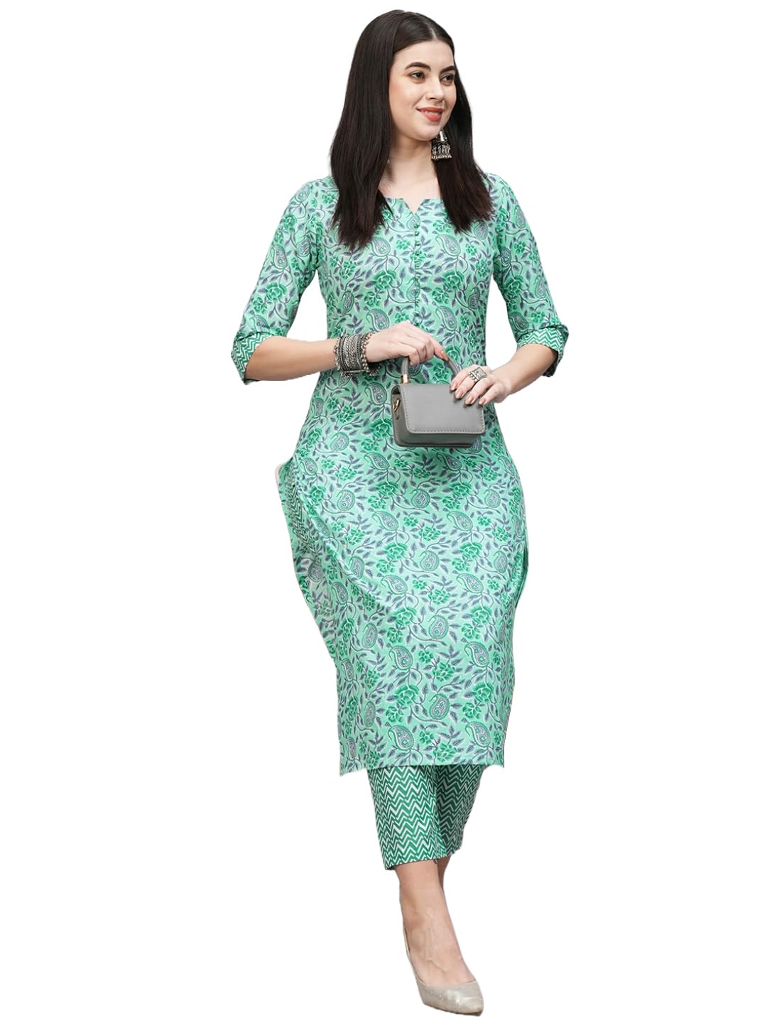 Anni Designer Women'S Cotton Blend Straight Printed Kurta With Pant (Lajvanti Green_Xl_Green_X-Large),Green,XL