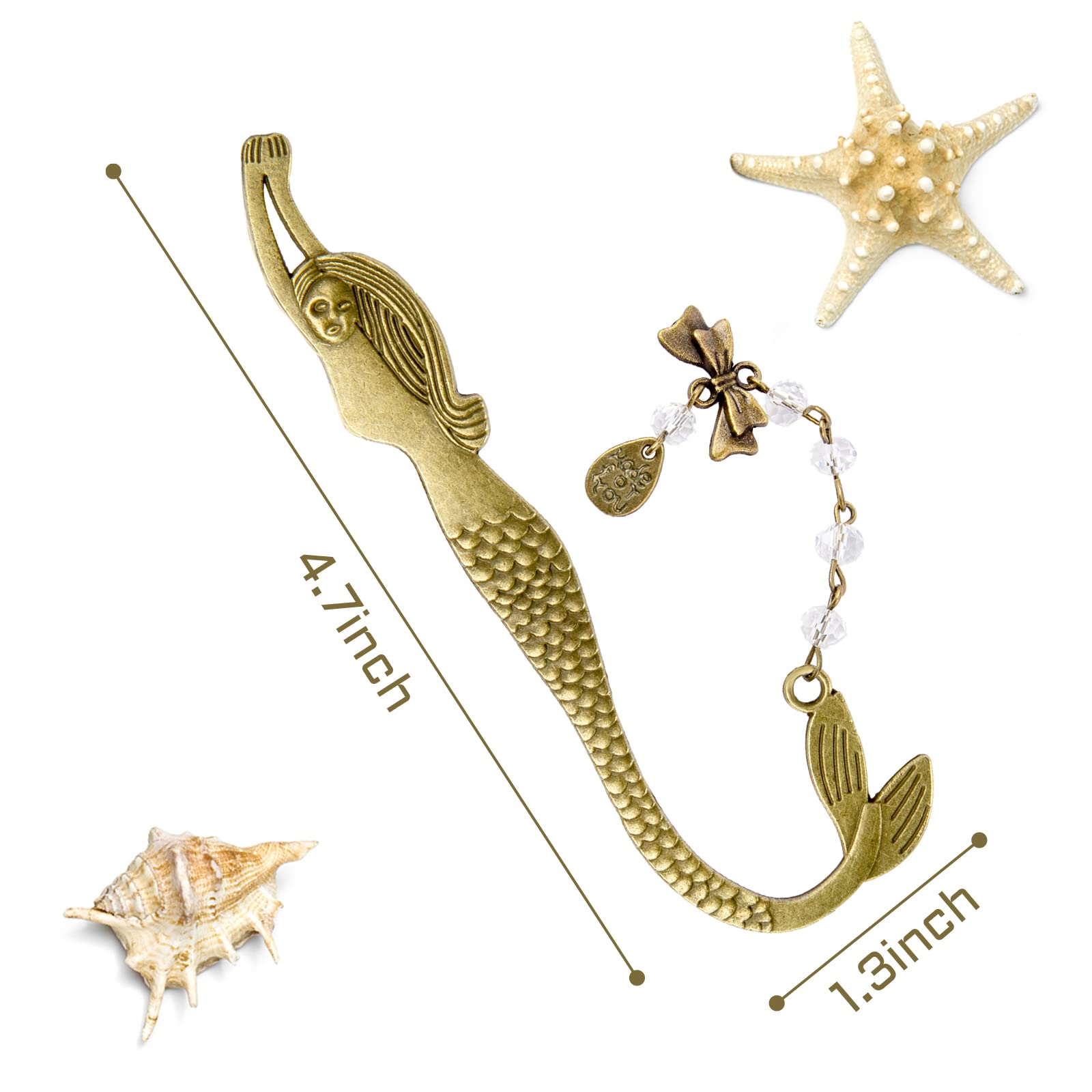 Koogel Vintage Metal Bookmark (Mermaid & Beads) - Reading Accessory, Holiday/Birthday Gift, Desk Decor for Students, Writers & B