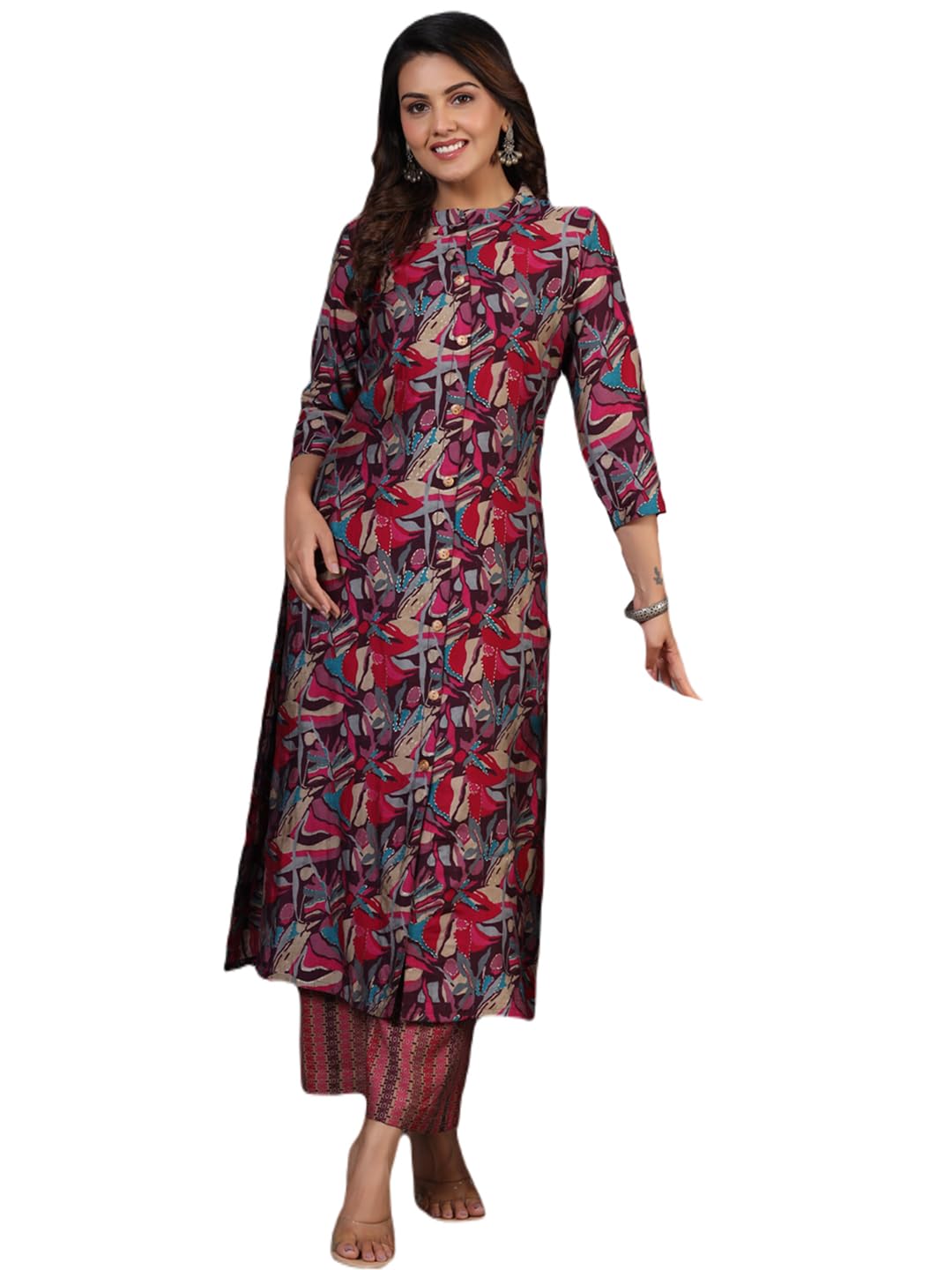 Gosriki Women'S Rayon Blend Straight Printed Kurta With Pant (Bbcom Pink-Gs_Xl_Pink_X-Large),Pink,,B0CYGKGXNX