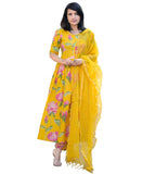 Anni Designer Women'S Rayon Viscose Printed Anarkali Kurta With Pant & Dupatta (Rubina Yellow_M_Yellow_Medium),Yellow,M