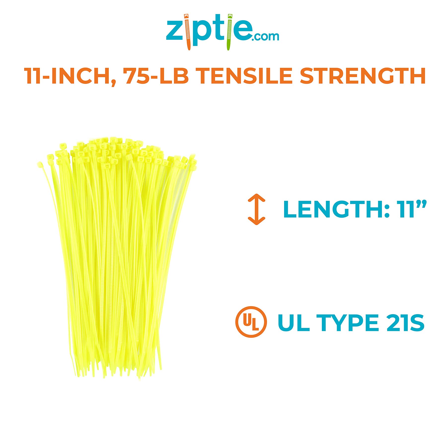 11-inch Fluorescent Yellow Multi-Purpose Cable Tie, 75-lb Tensile Strength, UL 21S Listed, 100-Pack