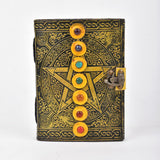 Star Leather Journal With 7 Unique Stones And Vintage Decal Paper, Vintage Leather Diary With Antique Rustic Lock For Men And Wo