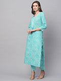 Anni Designer Women'S Cotton Blend Straight Printed Kurta With Pant (Gulika Light Blue-Nw_S_Light Blue_Small),Light Blue,S,Cotton Blend,Regular,