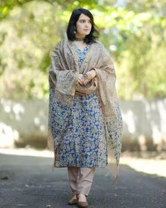 Gosriki Women'S Cotton Blend Straight Printed Kurta With Pant & Dupatta (Moringa Blue-Gs_4Xl_Blue_Xxxx-Large),Blue,4,B0D73XXDXD