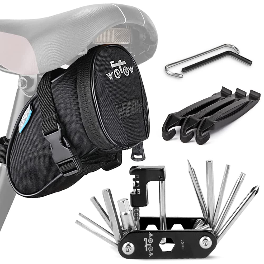 WOTOW Bike Repair Tool Kit & Bike Saddle Bag, 14 in 1 Bike Chain Tool Hex Key Wrench Maintain Accessories Multitool Set with Por