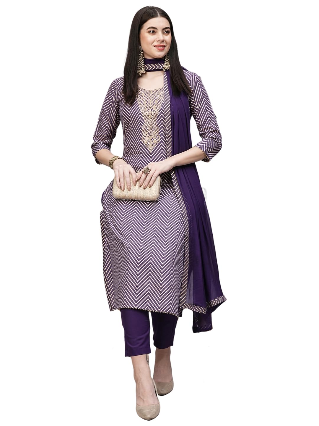 Gosriki Women'S Cotton Blend Straight Printed Kurta With Pant & Dupatta (Dmpl Begani-Nw-Gs_S_Purple_Small),Purple,,B0CS6M7VKT