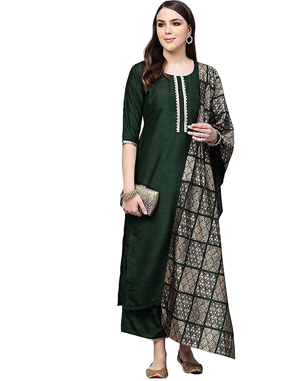 Gosriki Women'S Cotton Straight Solid Kurta And Palazzos & Dupatta(Sonari-New-Green_Xl-Green_X-Large),Green,,B0987Q7XKC