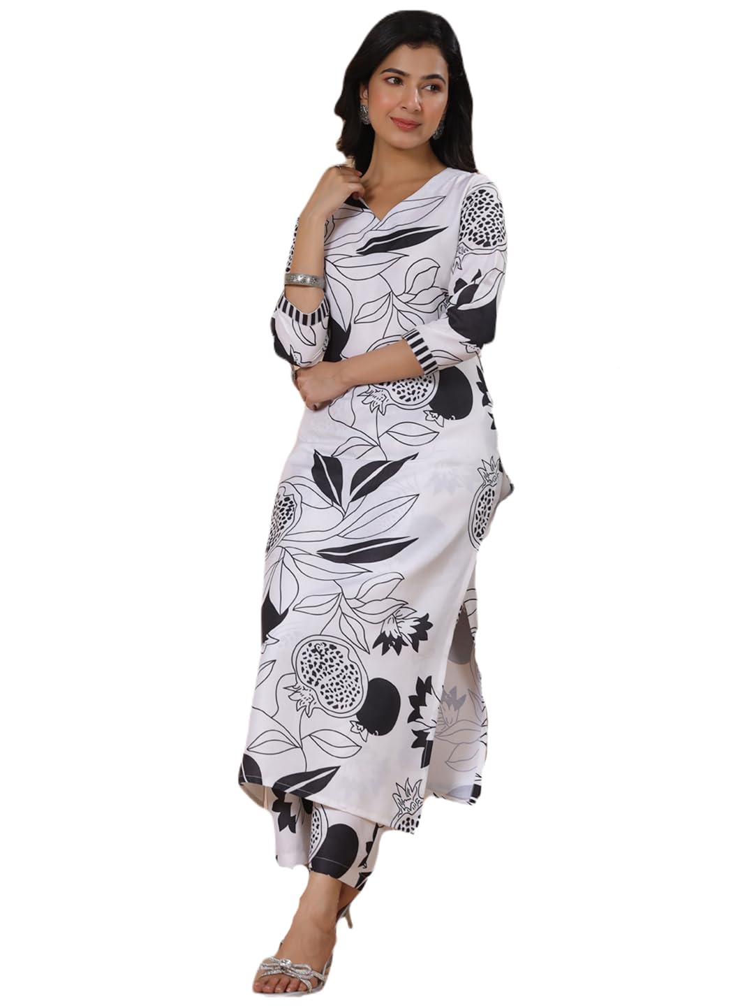 Anni Designer Women'S Rayon Blend Straight Printed Kurta With Palazzo (Anaar-White-Nws_L_White_Large),Beige,L,,,