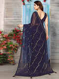 Satrani Womens Georgette Foil Printed & Lace Saree With Unstitched Blouse Piece (3184S2270Na_Navy Blue4)