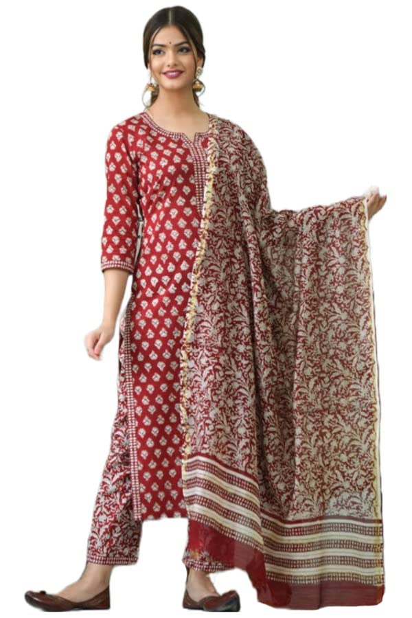 Anni Designer Women'S Cotton Blend Floral Printed Straight Kurta With Pants & Dupatta (Tasya Red_S_Red_Small),Red,S