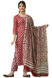 Anni Designer Women'S Cotton Blend Floral Printed Straight Kurta With Pants & Dupatta (Tasya Red_S_Red_Small),Red,S