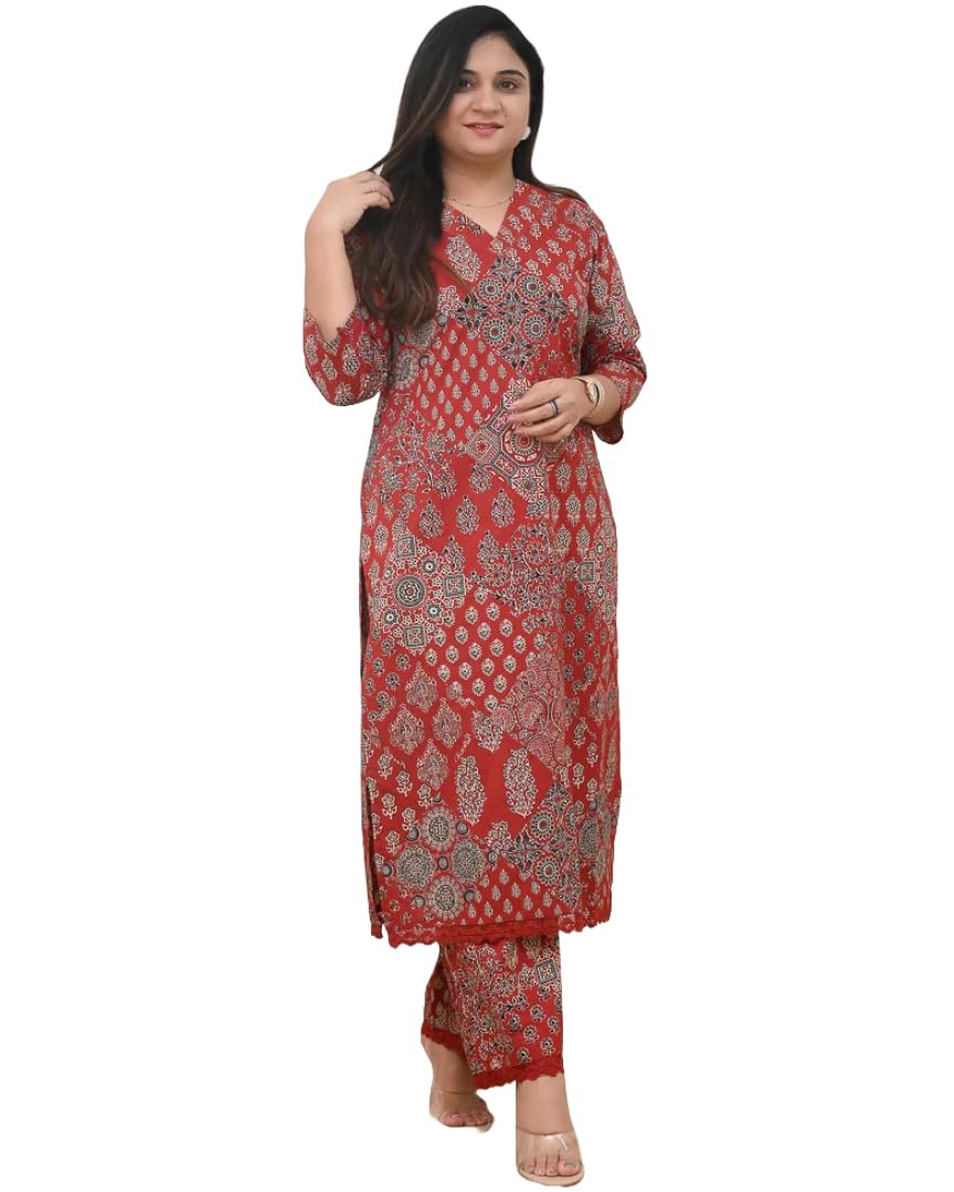 Anni Designer Women'S Rayon Viscose Straight Printed Kurta With Pant (Kadai Red-Vks01_Xl_Red_X-Large),Red,XL