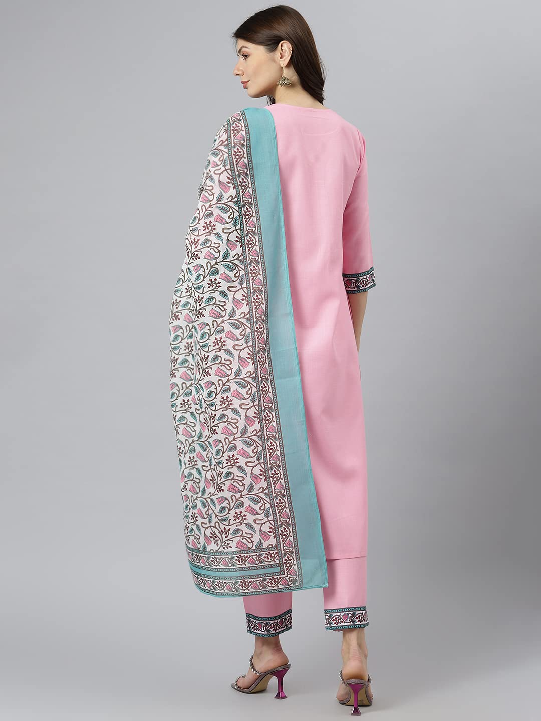 Anni Designer Women'S Cotton Blend Straight Printed Kurta With Pant & Dupatta (Jam001-Pink & Grey_M_Dark Blue_Medium),Pink & Grey,M,Cotton Blend,Regular,Dupatta