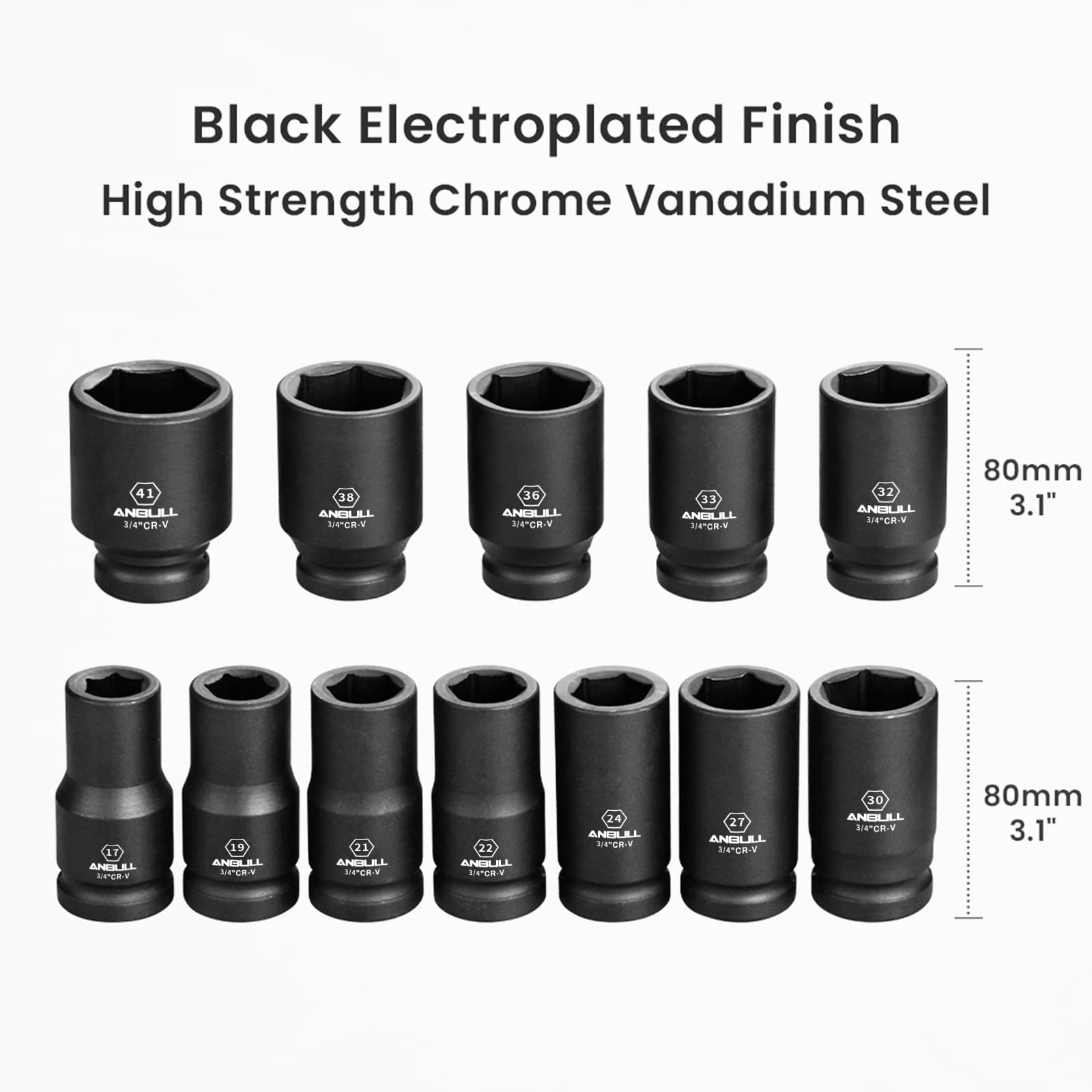 Anbull 3/4 Inch Drive Deep Impact Socket Set, 12 Piece Metric Combination, Sizes 17mm 19mm 21mm 22mm 24mm 27mm 30mm 32mm 33mm 36