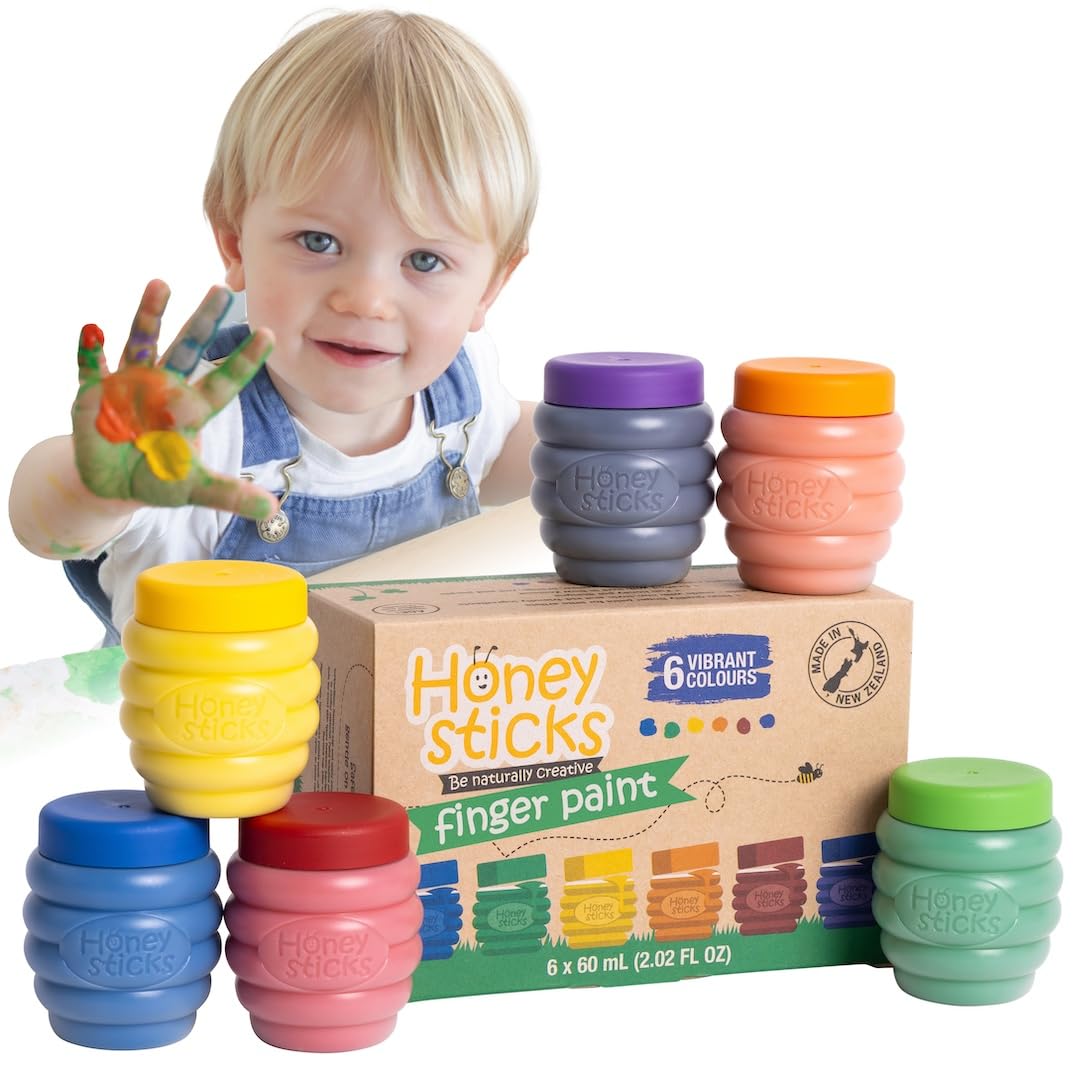 Honeysticks Non Toxic Finger Paint (6 Bright Colors), Washable from Skin, Safe Finger Painting for Toddlers, Kids Ages 1-3, 2-4,