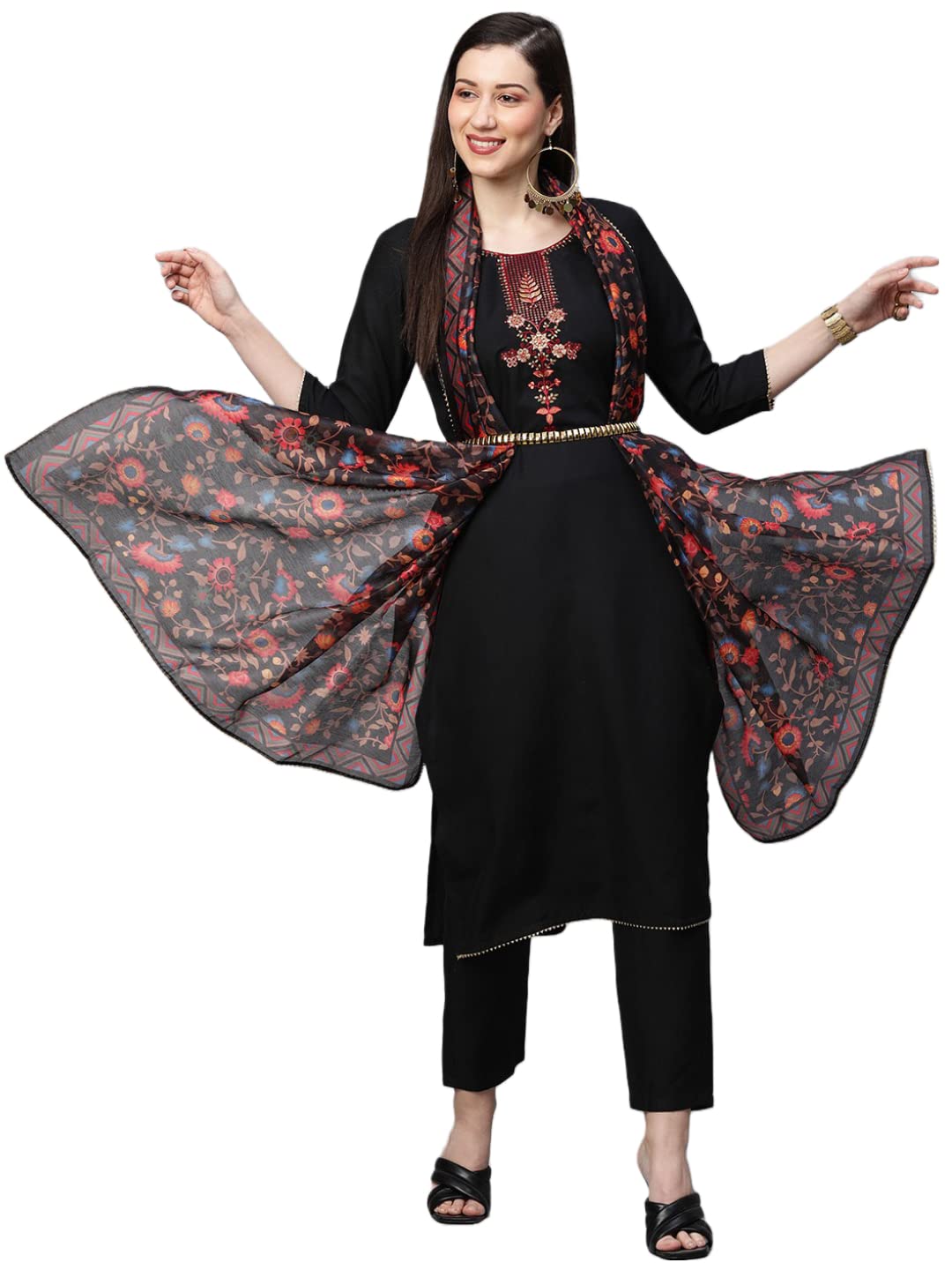 Anni Designer Women'S Cotton Blend Solid Straight Kurta With Pant & Dupatta (Authentic-Black_S_Black_Small),Black,S