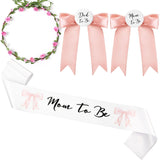 Xinnun 4 Pieces Mom to Be Sash Baby Shower Decoration Pink Bow Themed Sash for Mommy and Dad Corsage Pin with Sage Green Leaf Fl