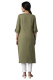 W Green Cotton Blend Regular Embroidered Solid Kurta For Women Olive Green Xs